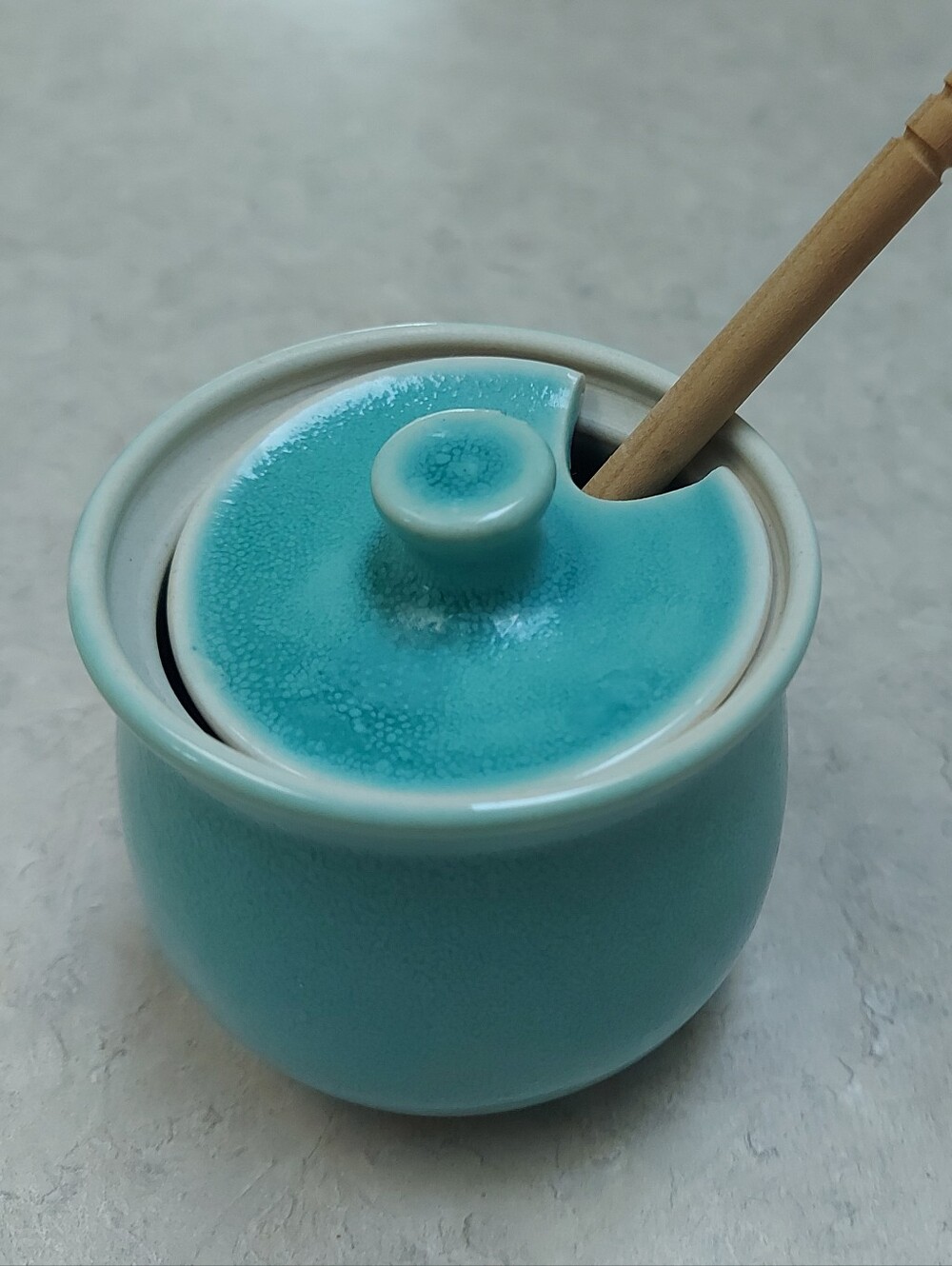 Turquoise Ceramic Honey Pot with Wooden Dipper